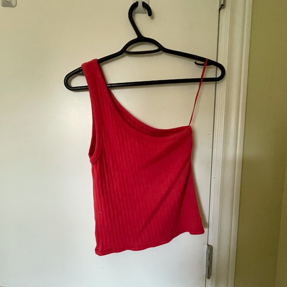 Red ribbed one shoulder tank top from AE medium - Picture 2 of 2